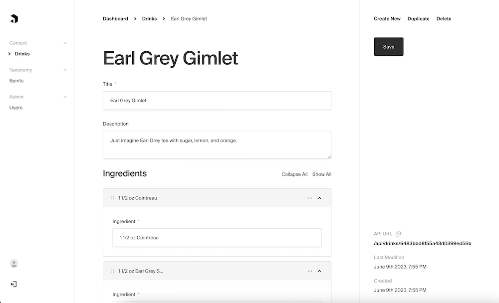 PayloadCMS dashboard view; editing drink