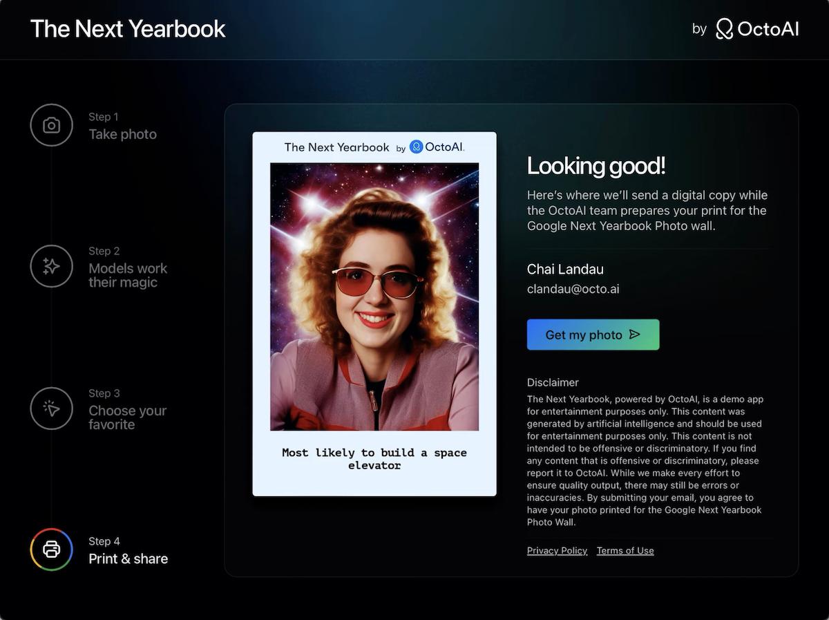 Screenshot of final screen of "The Next Yearbook" app with attendee transformed photo